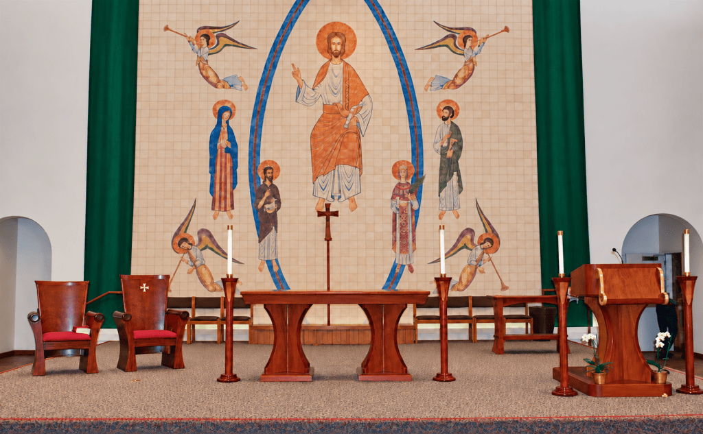 Mahogany liturgical furnishings at Saint Agnes Church in Concord, California designed in handcrafted by Oscar O. Jovel Jr.